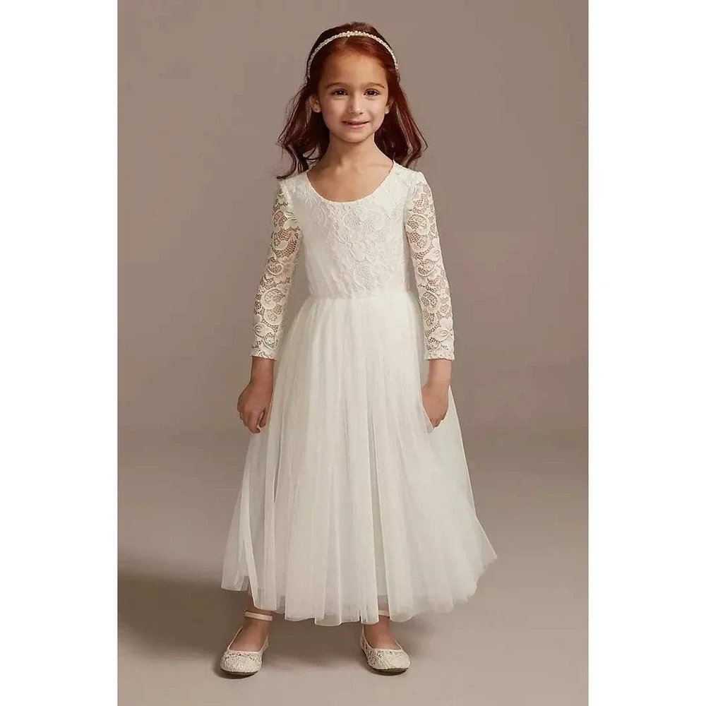 NWT David's Bridal White Tulle Lace Dress Girl 5 Flower Formal Wedding Occasion - Picture 2 of 10